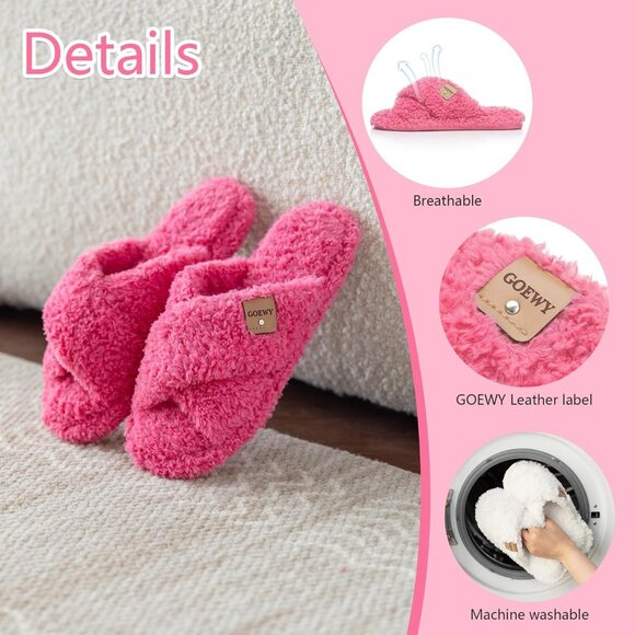 ⚡Women’s Rose Red Faux Fur Cozy Fuzzy Cross Band Slippers Indoor House Shoes - Picture 4 of 6